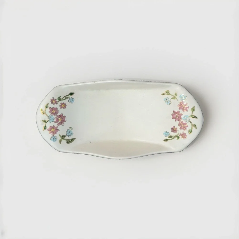 Vintage Handmade Hand Painted Pottery Trinket Candy Dish Floral 1970's